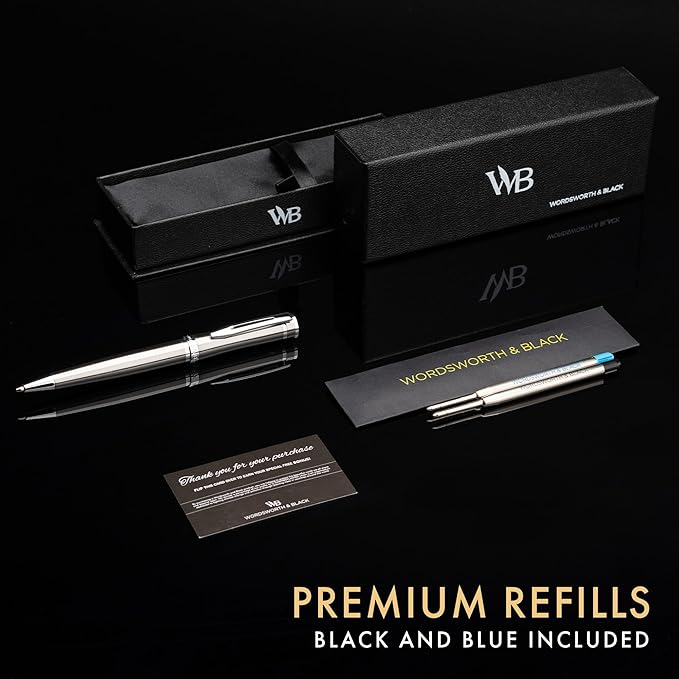 Wordsworth and Black Ballpoint Pen Silver Lacquer- Stunning Luxury Pen Chrome Finish, Ink Refill, Best Gift Set for Men & Women, Refillable, Elegant, Nice Pens, Fine Point