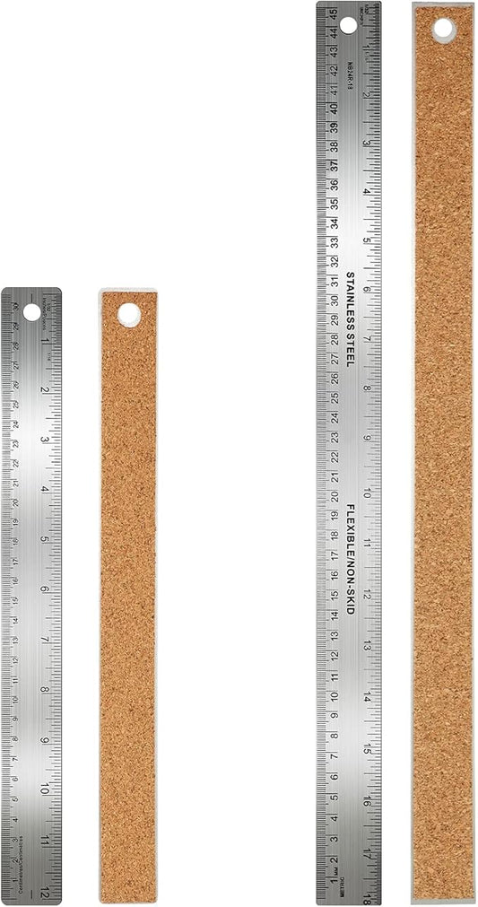 Frienda 2 Pcs Metal Ruler Cork Backed 12 Inch and 18 Inch Stainless Steel Rulers with Cork Backing Non Slip Straight Measure Edge for Student Graduation School Supply