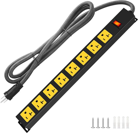 20Amp Power Strip Surge Protector, Durable Metal 8-Outlets with Heavy Duty 20 amp 15Ft 12 Gauge Extension Cord for Garage Workshop & Industrial Use, 1200J
