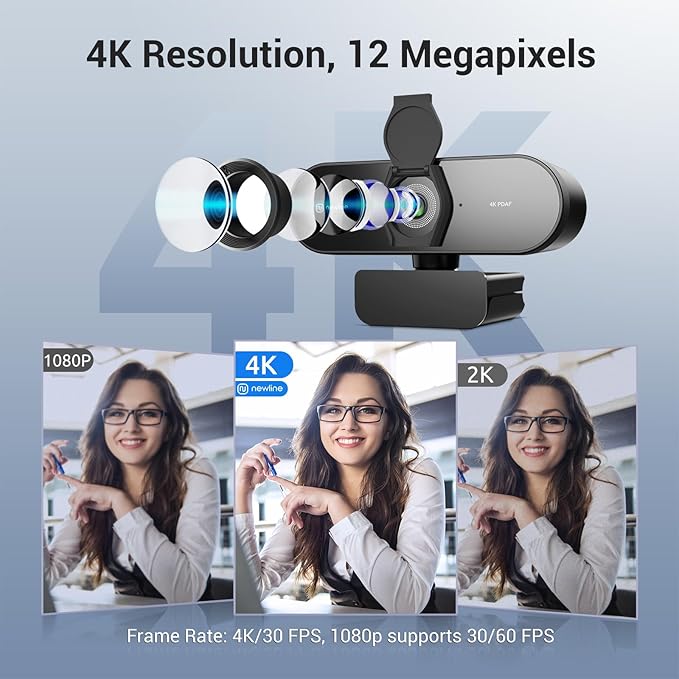 N newline 4K Webcam for PC with Tripod, PDAF Autofocus, 1080P@60FPS, 79° FOV, Low Distortion, 2 Noise Reduction Mics, Privacy Cover, Plug&Play, PC Camera for Skype, Teams, Zoom, NewEye 62 Kit