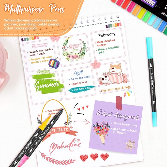 Soucolor Art Brush Markers Pens for Adult Coloring Books, Cute Preppy Stuff School Office Teacher Supplies, 34 Colors Dual Tip (Brush and Fine Point) Drawing Markers for Note Taking Journal Classroom