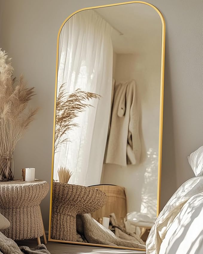 Antok Full Length Mirror, 76"x34" Floor Mirror Freestanding, Arched Floor Standing Large Mirror Full Body Mirrors with Stand for Bedroom, Hanging Mounted Mirrors for Living Room, Gold