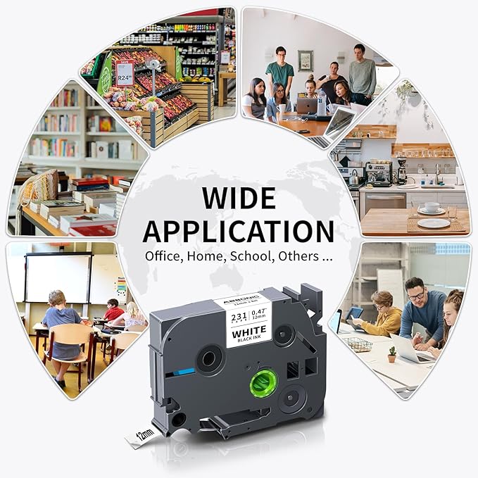 Absonic 12mm 0.47 Laminated White Tz-231 Tape Compatible for Brother Tze-231 Tze Tape 1/2 Inch Refills Work for P Touch Label Maker PTD220 PTD210 PTH110 PTP710 PT-610BT PTD400, Black on White, 6 Pack