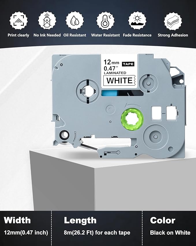 12mm 0.47 Laminated Replacement for Brother Label Maker Tape, P-Touch Label Tape, Tze 231, Compatible with Brother P Touch Label Maker PT-D210 PT-H110 PT-D220 PT-D400, 6-Pack