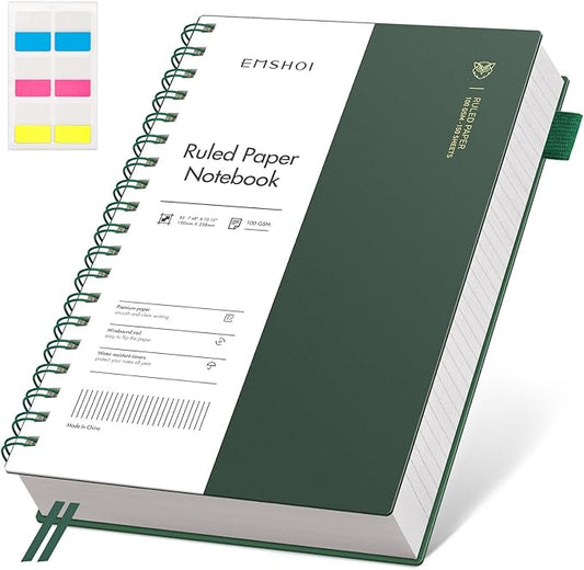 EMSHOI Lined Spiral Journal Notebook, B5 College Ruled Notebook, 300 Pages/150 Sheets, 100gsm Acid-Free Paper, Waterproof Softcover Notebook for School, Work, Note Taking, 7.48" × 10.15" - Dark Green