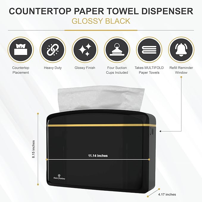 Countertop Multifold Hand Paper Towel Dispenser by Oasis Creations, Single Sheet Dispensing – Glossy Black
