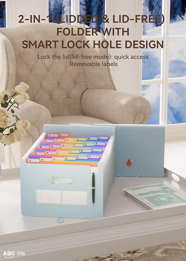 ABC life 26 Pockets Accordian File Organizer Expanding File Folders, Portable Letter A4 Size Filing Box,Plastic Monthly Receipt Document Organizer with Colored Tabs (Light Blue)