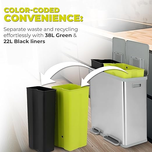 Simpli-Magic 60 Liter / 16 Gallon Rectangular Hands-Free Dual Compartment Recycling Kitchen Step Trash Can with Soft-Close Lid, Brushed Stainless Steel (40L + 20L Capacity)