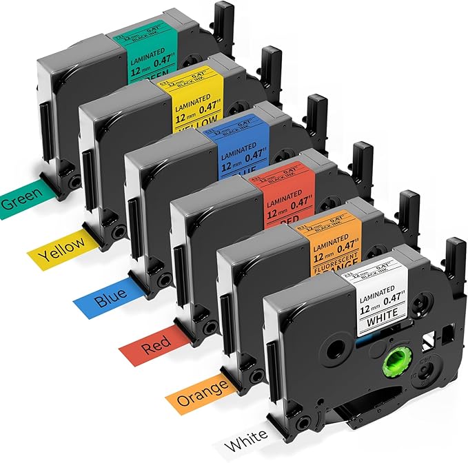 Anycolor Replace for Brother Label Maker Tape TZe TZ Tape 12mm 0.47 Laminated Color P Touch Label Tape for Brother PT-D210 PT-H110 PT-D220 PT-D610BT PT-D600, White/Orange/Red/Blue/Yellow/Green, 6-Pack