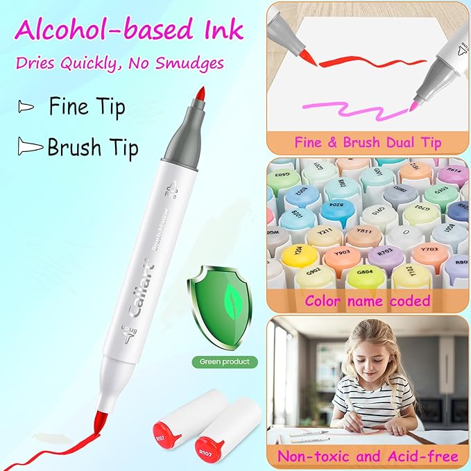 Caliart 121 Colors Brush & Fine Alcohol Markers for Adult Coloring Book, Dual Tip Artist Sketch Art Markers, Aesthetic Cute Preppy Stuff School Supplies, Pens for Lettering Drawing Cards Planner