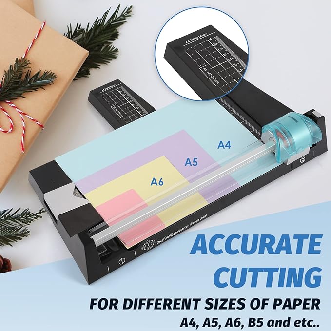 12 Inch Rotary Paper Cutter Heavy Duty, Paper Trimmer with 4 Different Blades for Straight/Wave/Dotted/Creasing Line, Suitable for Cutting Paper Coupons Photos Postcards Scrapbook