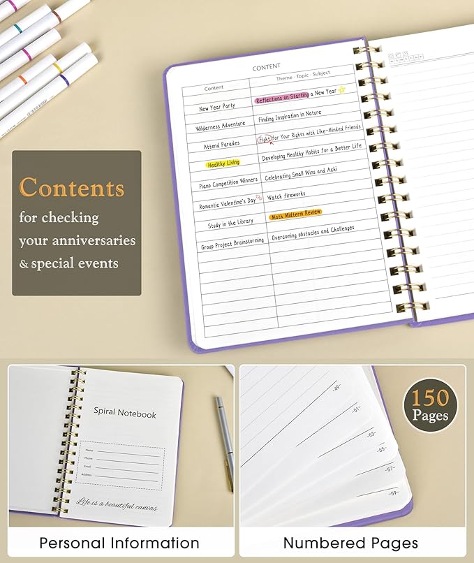 Lined Spiral Journal Notebook, A5 Hardcover Spiral Journals for Women Men, 150 Numbered Pages Spiral Bound Notebook, 100 GSM College Ruled Notebooks for Writing Note Taking 5.75" x 8.38", Purple