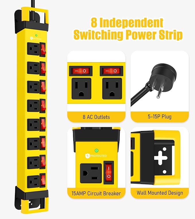 Heavy Duty Power Strip with Individual Switches,8 Outlets 14 Gauge Industrial Shop Garage Metal Multiple Outlets,1200J Surge Protector Mountable Power Strip,10FT Extension Cord Management(Yellow)
