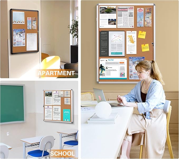 SWANCROWN Lockable Noticeboard Wall-Mounted Bulletin Cork Boards Tamper Proof Information Board Indoor,Black Frame,28x26 inch (6xA4)