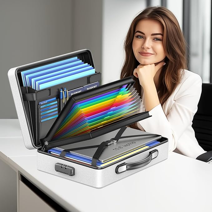 Fireproof Document Box with Fireproof Zipper, Hard Inner Shell Fireproof Document Bag with Lock, Fireproof Water Resistant Important Document Organizer 16 inch Laptop File Briefcase (Silver)