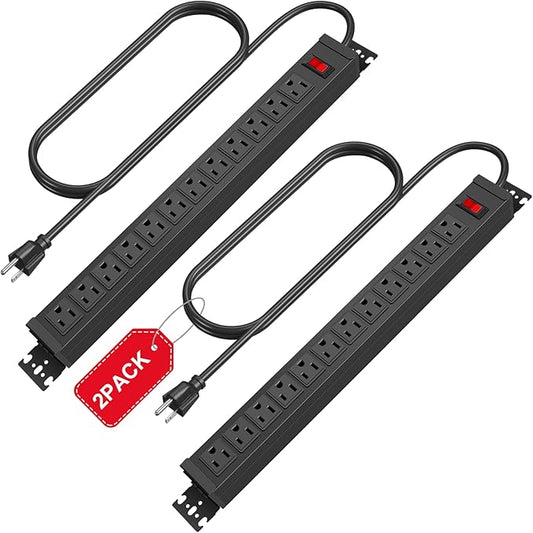 2Pack Rotating Mountable Power Strip, 12 Outlet Wall Mount Surge Protector, Metal Heavy Duty and Versatile Outlet Strip, Stylish Appearance, Sturdy and Durable, 3ft Power Cord.(Black)