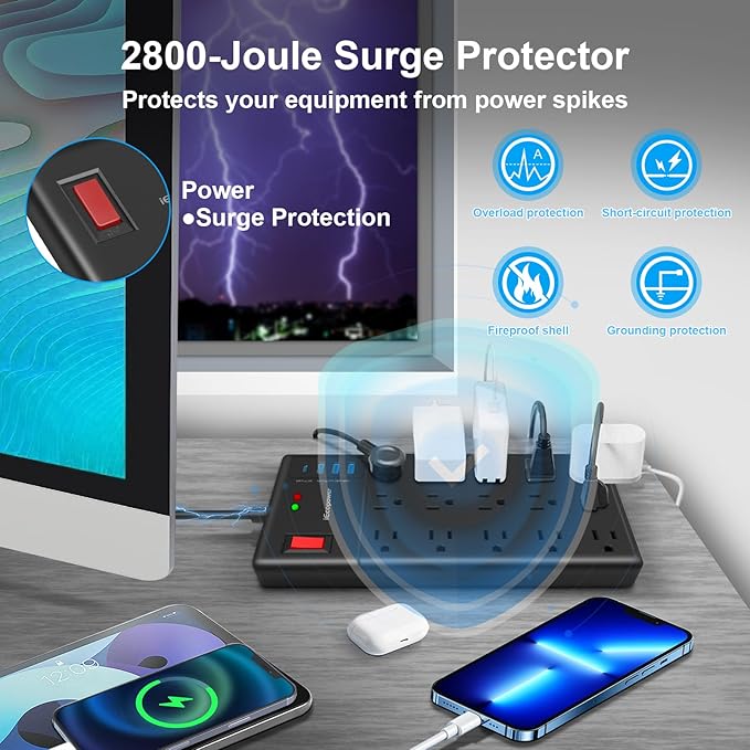 Surge Protector Power Strip-15 Widely Spaced Outlets and 4 USB Ports(1 USB C Port),14 AWG Extension Cord,1875W/15A Heavy Duty Power Strip Surge Protector 5 ft Cord,2800J,Black