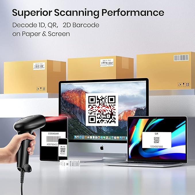 Barcode Scanner with Stand, USB Wired Inventory 2D 1D QR Code Scanner for Computer POS MAC with Automatic Screen Scanning, Handheld CMOS Image Bar Code Reader for Warehouse Library Supermarket