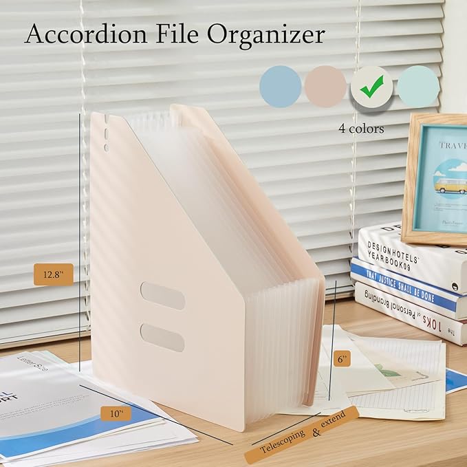 2-Piece Vertical Accordion Folder Manager, 13 Grid Expansion Pages, Vertically Opened Storage Bag for organizing Materials, School, Home, and Office letterhead, Pink
