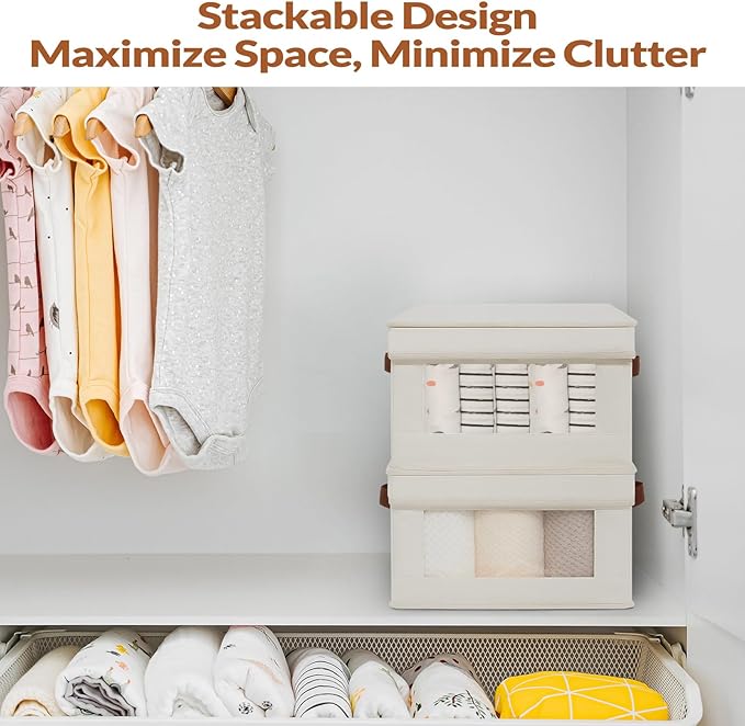 Fabric Storage Bins with Lids, Collapsible Closet Organizer with Sturdy Handles, Clear View Window, Stackable Storage Baskets for Clothes, Towels, Books, Hand Pull Closet Organizer Boxes-4-Pack, Beige