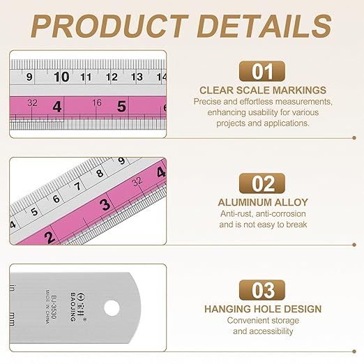 HARFINGTON 2pcs Metal Straight Ruler 20cm Metric SAE Aluminum Alloy Measuring Rulers Scale Tools with Hole for Measure Study Reading Classroom Office, Pink