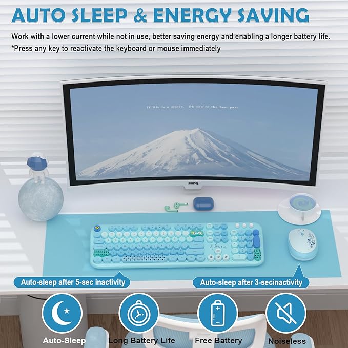 Wireless Keyboard Mouse Combo, MOFII 104 Round Keys Lovely Full-Size Cute Colorful Keyboard and Mouse with Retro Typewriter for PC/Mac/Laptop/Tablet/Computer/Windows Blue