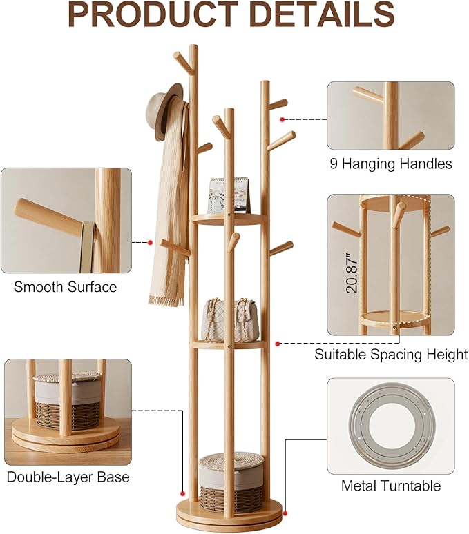 Solid Wood Rotary Coat Rack, Freestanding Coat Rack with 3 Shelves and 9 Hooks, Coat tree for Bedroom, Entryway, Livingroom, Coat Hanger Stand for Coats, Scarves, Handbags (Natural)