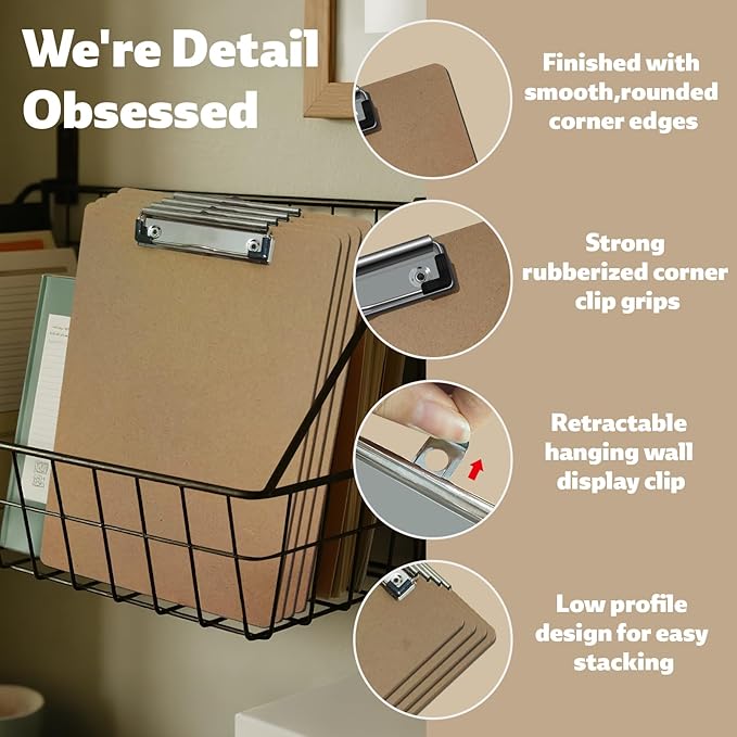 24 Pack Clipboards Bulk, Standard A4 Letter Size Wooden Hardboard Office Clipboard for Classroom, Work-Meetings, with Low Profile Clip, 12.5 x 9 Inch