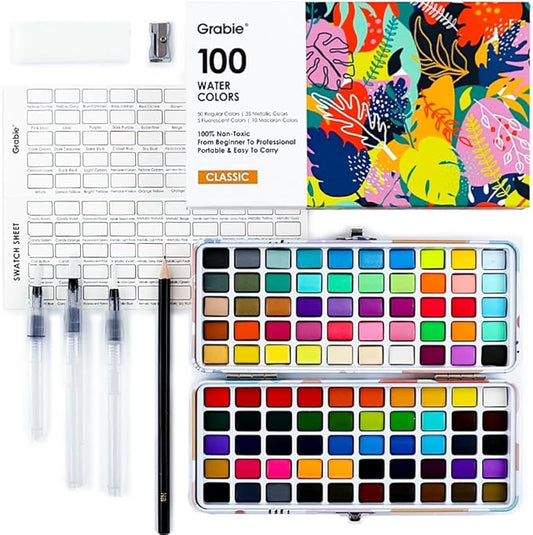 Grabie 100 Colors Watercolor Paint Set - 50 Regular, 35 Metallic, 10 Macaron and 5 Fluorescent Colors - Portable with Carrying Case, Water Brush Pens, and Accessories - For Beginners and Professionals