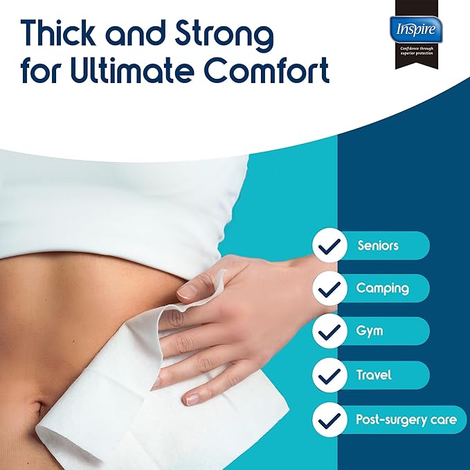 Inspire Thick Rinse Free Body Wipes, Extra Large Washcloths For Adults, Aloe Vera Enriched
