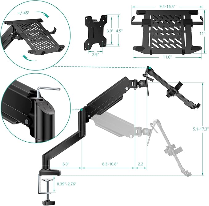 WALI Laptop Desk Mount, 2-in-1 Monitor Mount with Adjustable Laptop Tray, Fits Max 17" Notebook and 34" Computer Screen, Max Holds 22-26.4 lbs, Single Monitor Laptop Stand for Desk (GSMP001NLP), Black