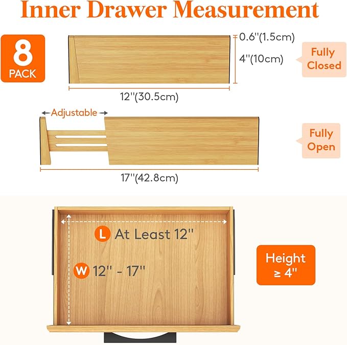 Lifewit 8 Pack Drawer Dividers Bamboo 4" High, 12-17" Adjustable Drawer Organizers for Clothes, Expandable Dresser Separators in Bedroom/Bathroom/Kitchen/Fridge/Office Organization and Storage