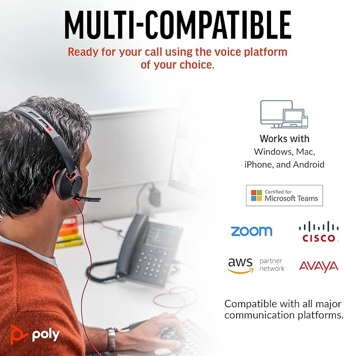 Poly Blackwire 5220 Wired Headset (Plantronics) Flexible Noise-Canceling Boom Mic Ergonomic Design - PC/Mac, Mobile via USB-C, USB-A, 3.5mm - Works w/Teams, Zoom - Amazon Exclusive (9P7X6AA)