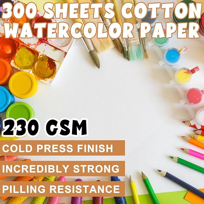 TaoBary 300 Pcs Watercolor Paper Sheet Bulk White Cold Press Paper Pack 110 lb 230 GSM Sketch Painting Watercolor Pad for Watercolorist Beginning Artists Adults Drawing Craft(5 x 7 Inch,230 GSM)
