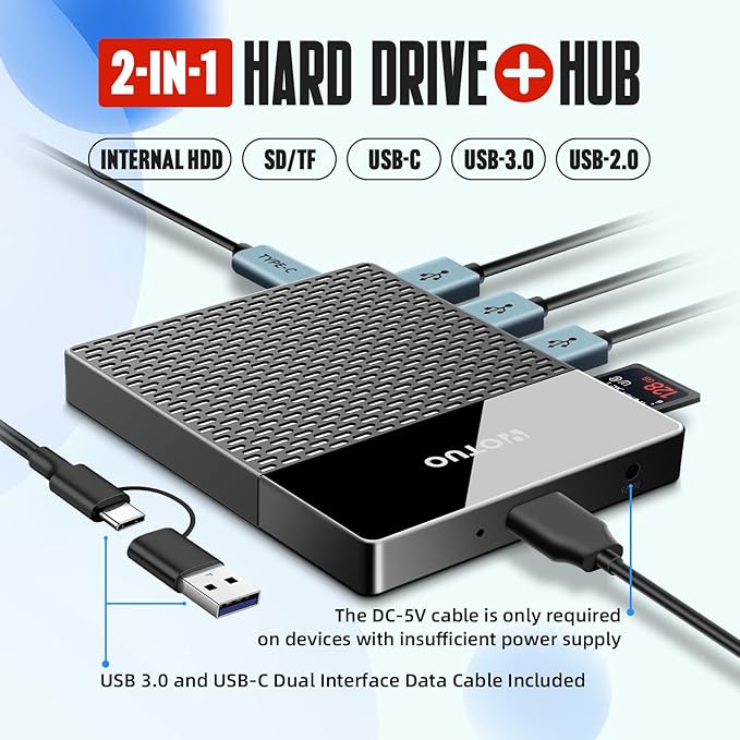 Portable Docking Station External Hard Drive 750GB Storage, USB C Multiport Hub HDD 7-in-1, USB 3.0, SD/TF Card Reader, for Windows, Mac, Android, TV, Phone, Laptop, Desktop