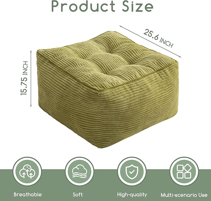 HIGOGOGO Square Stuffed Pouf Ottoman, Corduroy Poufs with Foam Chunk Filling, Furry and Fluffy Pouf Foot Stool Storage Ottoman, 25.6 X 25.6 Floor Poufs Foot Rest for Living Room, Green