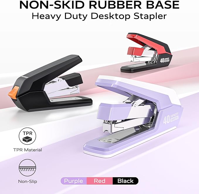 Effortless Stapler for Desk with 40-50 Sheet Capacity, 2000 Staples, 1-Touch Stapling, Ergonomic & Easy to Load Desktop Staplers, Heavy Duty Stapler, and Magnetic Staple Remover, Purple