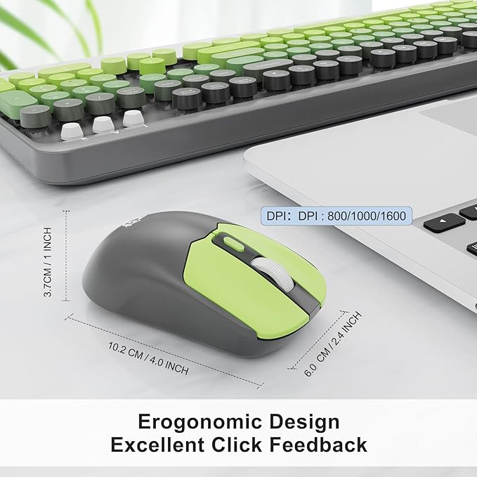 Wireless Keyboard and Mouse Combo, 104 Round Keys Cute Colorful Keyboard and Mouse with Retro Typewriter for PC/Mac/Laptop/Tablet/Computer/Windows Gray Green