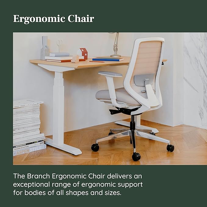 Branch Ergonomic Chair - A Versatile Desk Chair with Adjustable Lumbar Support, Breathable Mesh Backrest, and Smooth Wheels - Experience Optimal Comfort and Support - Sand - White