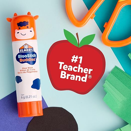 Elmer's BlooStick Buddies Glue Sticks, Disappearing Blue Glue Stick, Anti-Roll Cap, 6g, 48 Count