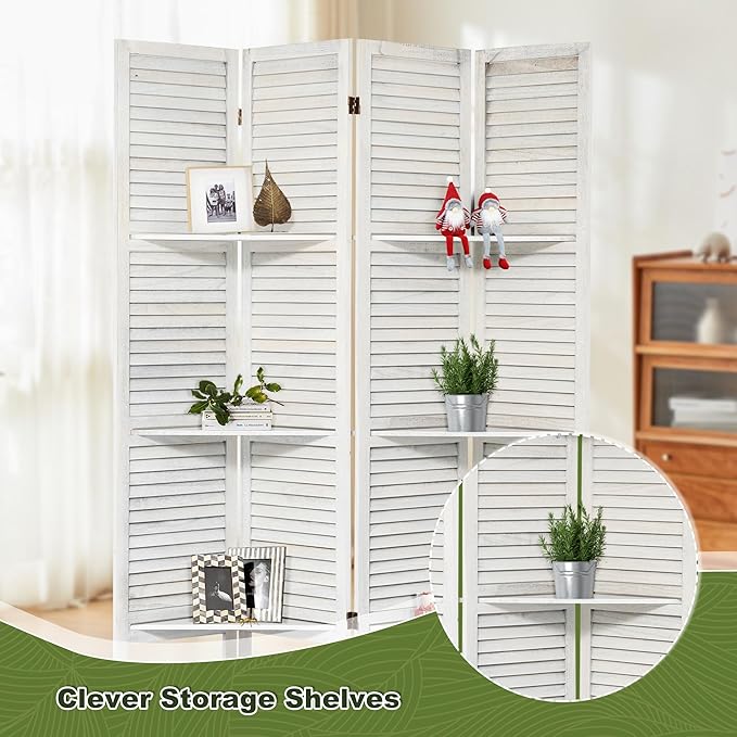 NicBex 4 Panel Room Divider,5.6FT Wood Carved Room Dividers with Display Shelves Folding Privacy Screens Portable Freestanding Partition Wall Dividers for Room Separation,Home Bedroom Office,White