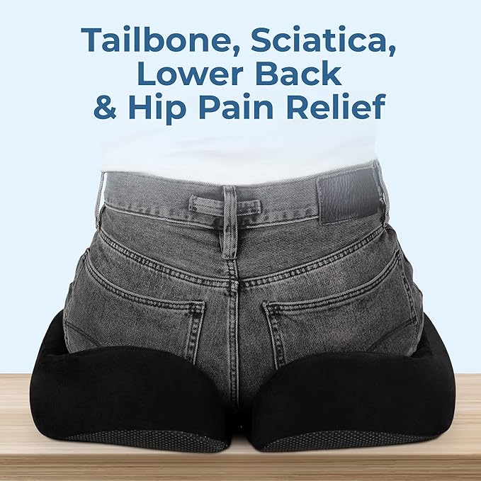 5 STARS UNITED Seat Cushion for Tailbone Pain Relief – Large Memory Foam Lifting Pillow for Coccyx, Hip, Sciatica & Post-Surgery Recovery – Wheelchair, Car, Desk, Gaming & Office Chairs, Black