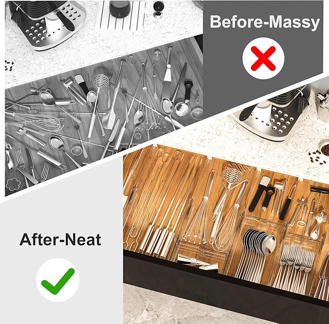 HiYZ Expandable Drawer Dividers - 12.6-22.8'' Adjustable Drawers Organizers for Kitchen Utensils, Drawer Separators in Bedroom, Dresser, Office, Bathroom, Fridge, 3 Pack Long Dividers-Clear