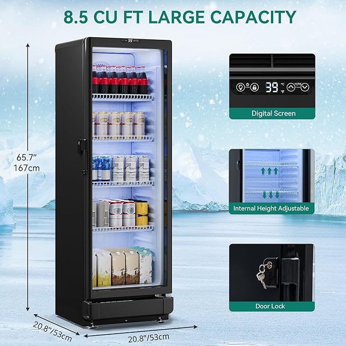 YITAHOME 8.5 CU.FT. Commercial Beverage Display Refrigerator with Single One Glass Door, Drink Beer Fridge Cooler for Office Garage Bar Gym with Locking, Led & 2 Keys