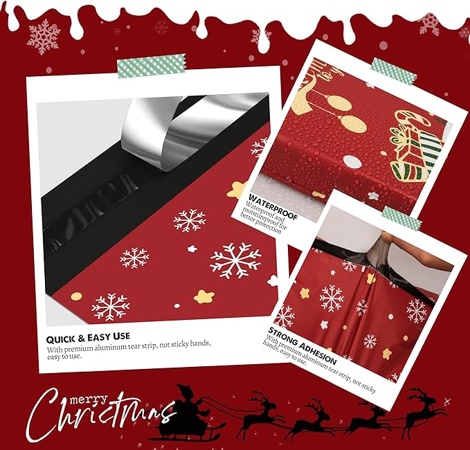 Christmas Poly Mailer 10x13 Inch 100 Pcs, Waterproof Shipping Bags for Clothing, Tear-Resistant Mailier Bags, Strong Mailing Bags with Self-Seal - Red Merry Christmas