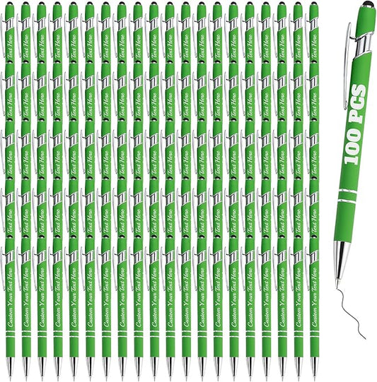 Personalized Pens Bulk 100 with Name Custom Engraving Ballpoint Pens with Stylus Tip Customized Smooth Writing Pens Personalized Gifts for Anniversary Birthday or Graduation(Light Green,Black Ink)