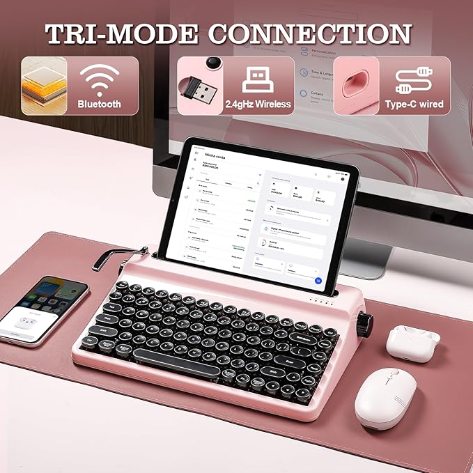 YUNZII QL75 Wireless Typewriter Hot Swap Retro Mechanical Keyboard,Punk Round Keycaps,RGB Backlit QMK/VIA Programmable,Multi-Device Keyboard with 2.4GHz/Type-C/BT5.0 (Pink, Onyx Switch)