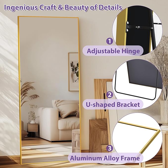Full Length Mirror, 71"x28" Oversized Floor Mirror Freestanding, Full Body Mirror Floor Standing Mirrors with Stand, Hanging Mounted Mirrors for Bedroom Living Room, Gold, Rect Style