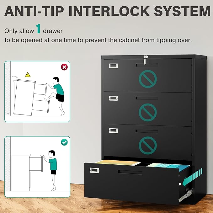 SISESOL 4 Drawer Lateral File Cabinet with Lock,Black Lateral Filing Cabinet,Horizontal Metal Filing Cabinets,Locked Wide Four Drawer File Cabinets for Office Home,Fit A4/F4/Letter/Legal File