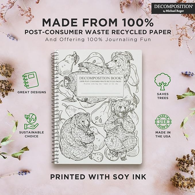 Decomposition Pear Bears College Ruled Spiral Notebooks – 9.75 x 7.5 Journal with 160 Lined Pages – Notebooks for School Supplies, Home & Office – 100% Recycled Paper – Made in USA